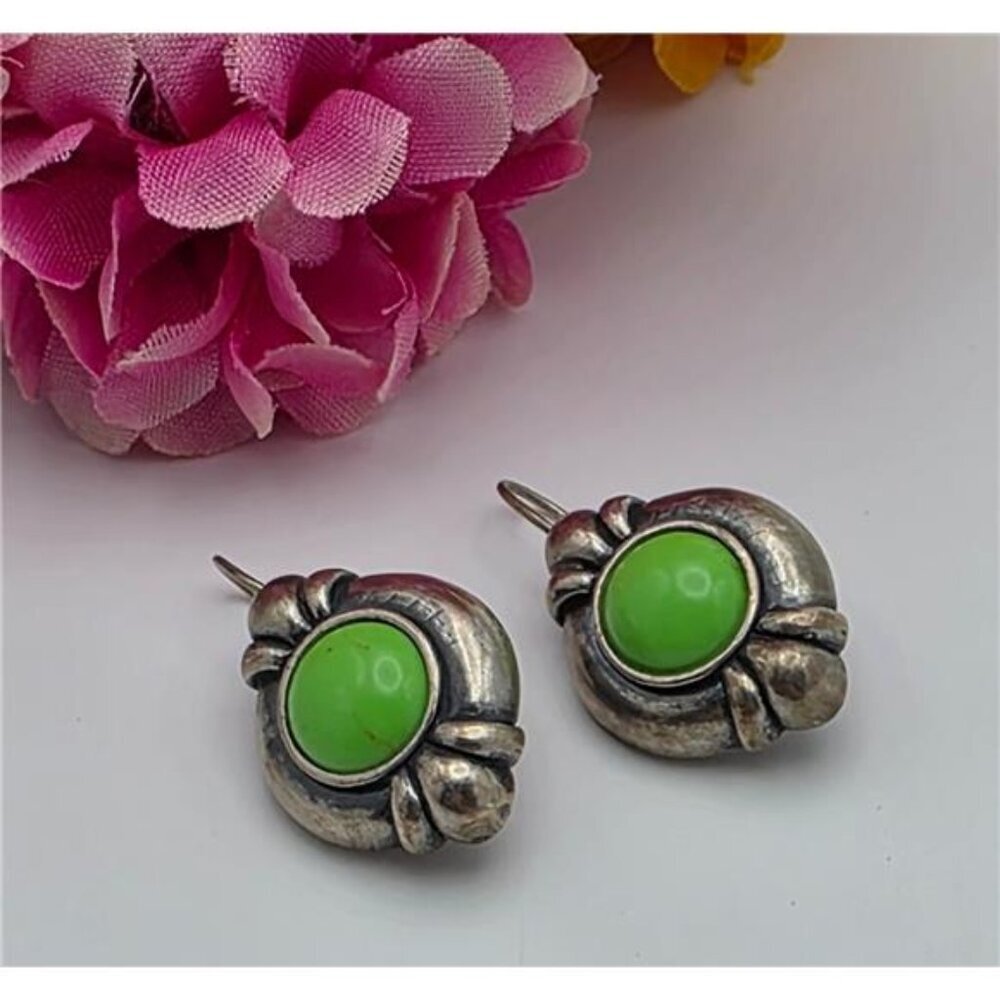 Vintage M 925 Sterling Silver Apple Green Chrysoprase Drop Earrings Signed 1"